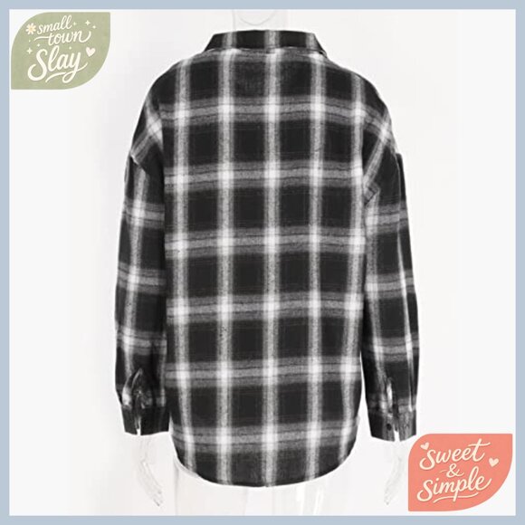 Oversized Flannel Plaid Button Down Shirt Lightweight Long Sleeve Blouse - Picture 6 of 7